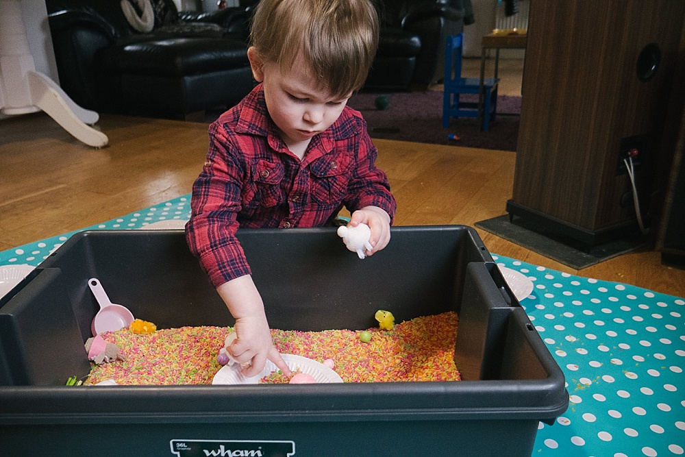 Easter Tuff Tray Ideas for Toddlers Using Dyed Rice