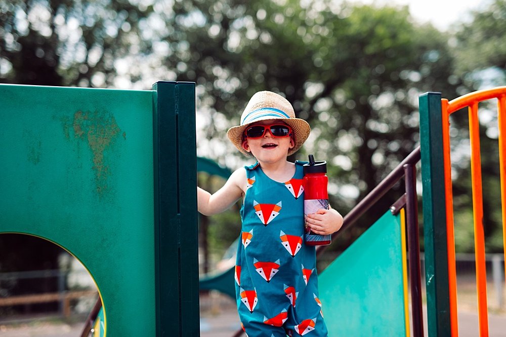 toddler in handmade fox print romper