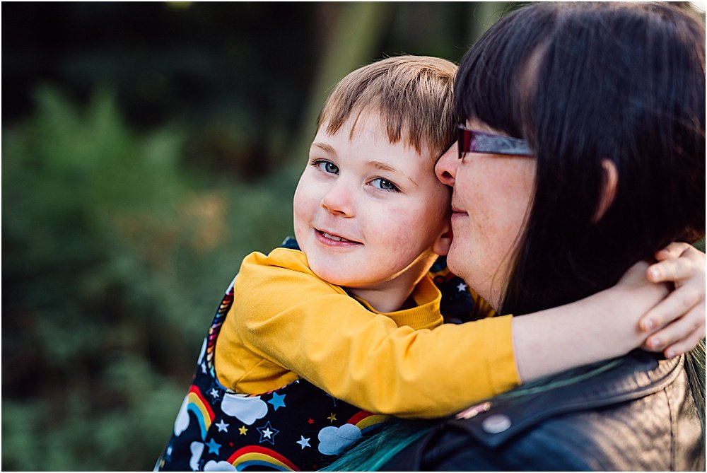 Mother and son, rainbow romper
