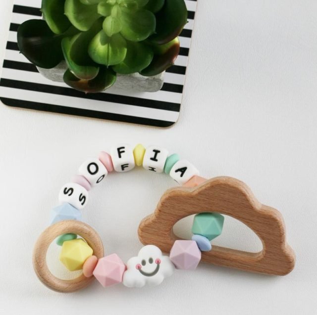Personalised pastel rainbow baby teether