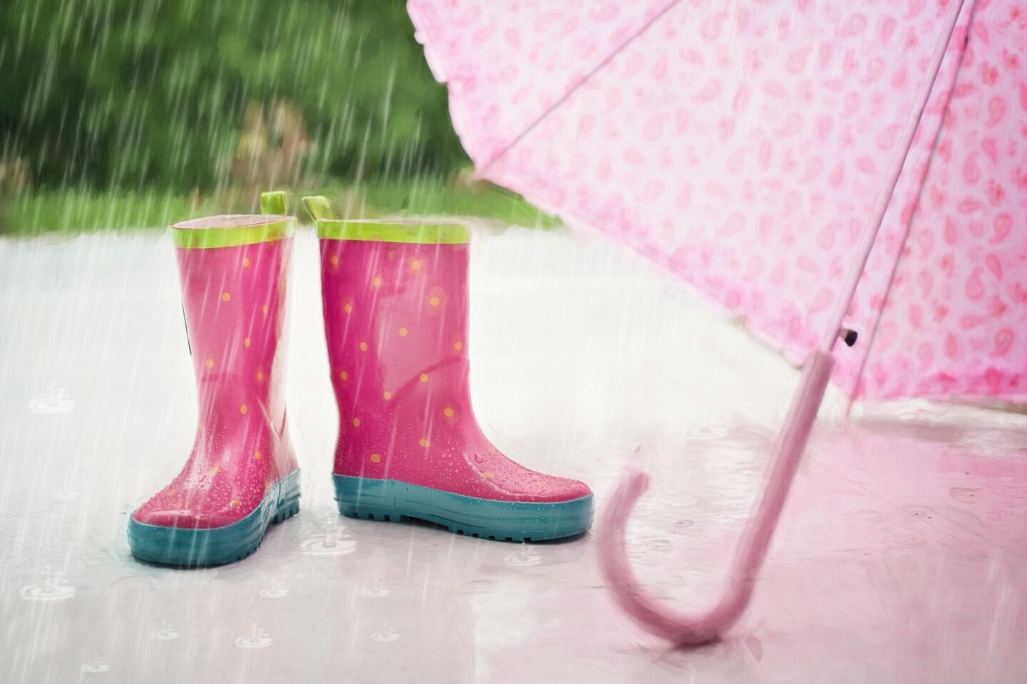 Wellies and umbrella in the rain